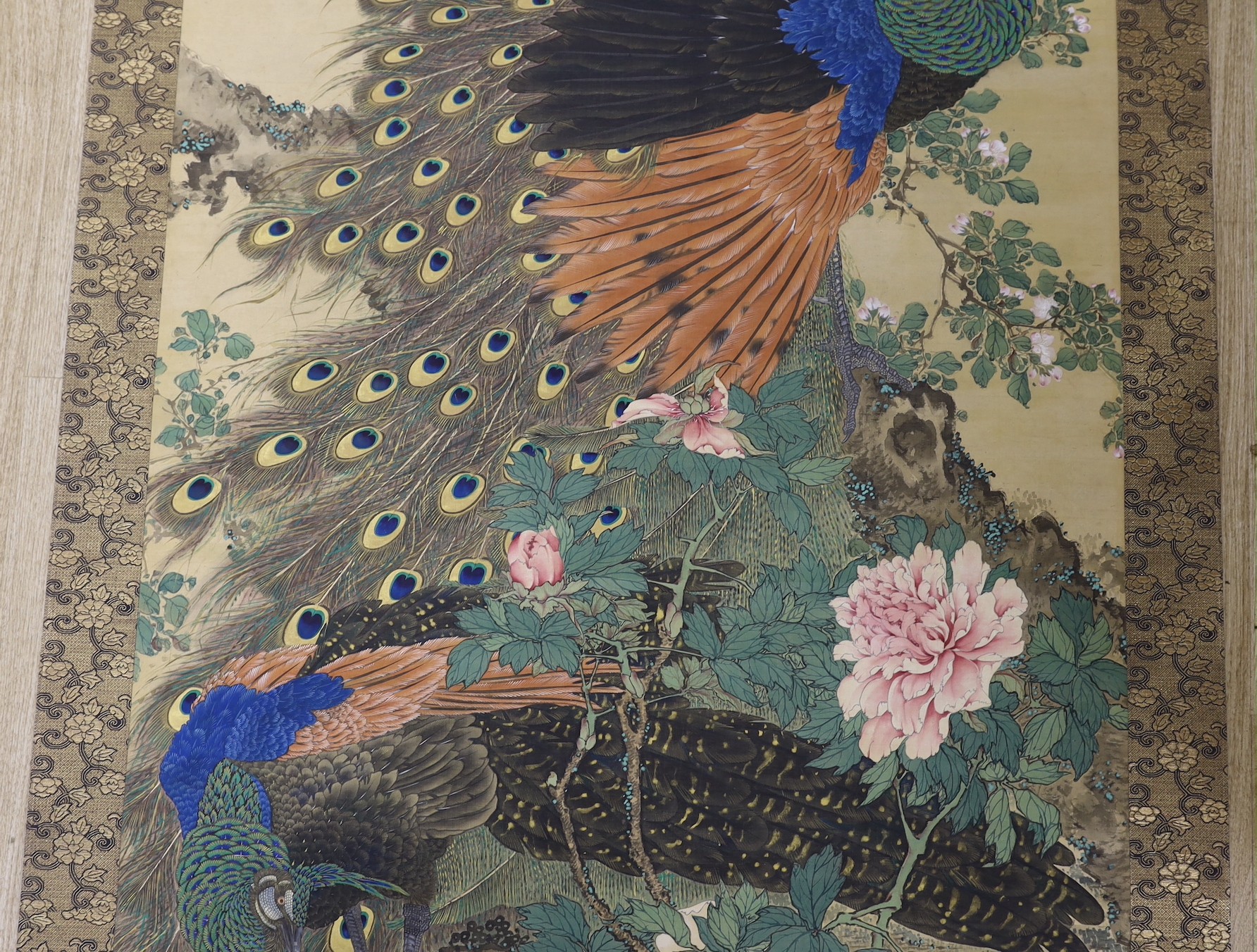 A Japanese scroll painting on silk of birds, Meiji period, bone scroll ends, Image of 137cm X 71 cm